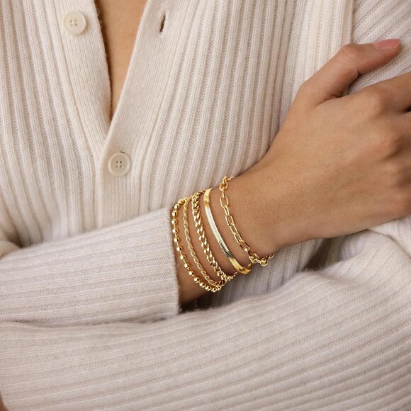 Gold Bracelets for Women Non-Tarnish Dainty Chunky Stackable Cuff Bangle Jewelry - Picture 6 of 8